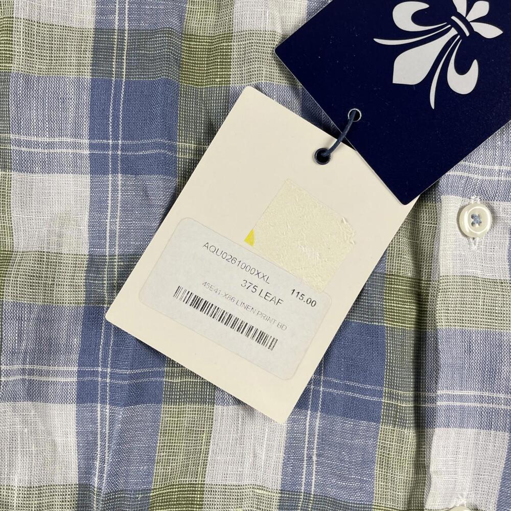 Toscano Aqua Men's Linen Gingham Plaid Button Up Shirt Blue Green Men's 2XL - Picture 5 of 10